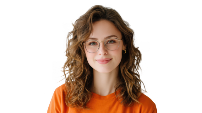 A smiling young woman with curly hair and glasses wearing an orange shirt poses against a plain white background. conveying a cheerful and approachable vibe suitable for lifestyle and fashion conten