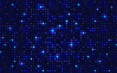 Abstract digital technology background with glowing blue pixel squares. Futuristic tech pattern. Data flow, science or cyber mosaic design. Vector Illustration.