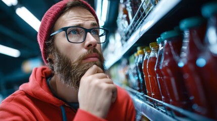 Young man in red beanie thinking in grocery aisle for decision making lifestyle shopping product branding visuals