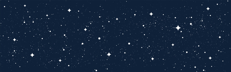 Starry night sky background with white stars on deep blue. Elegant space scene for science, astronomy or cosmic wallpaper. Cosmic constellations. Clean cartoon style. Vector Illustration. © Vegorus