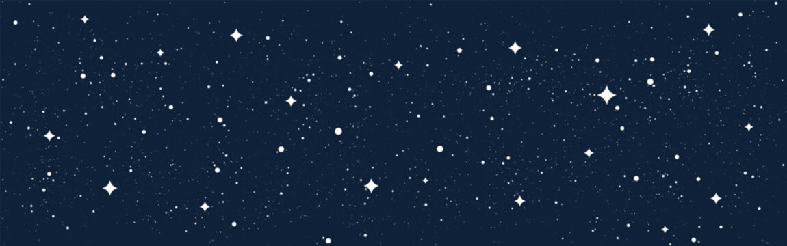 Starry night sky background with white stars on deep blue. Elegant space scene for science, astronomy or cosmic wallpaper. Cosmic constellations. Clean cartoon style. Vector Illustration.