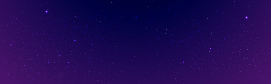 Space background. Magic violet night sky with glowing stars. Starry milky way wallpaper. Smooth gradient sky. Dark blue galaxy backdrop. Soft fantasy texture. Vector Illustration.