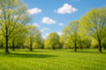 Fototapeta premium Blurred spring nature scene with trimmed lawn trees and clouds under sunny sky Soft background for seasonal mood
