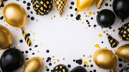 Fototapeta premium Festive Black and Gold Party Decorations with Balloons and Confetti
