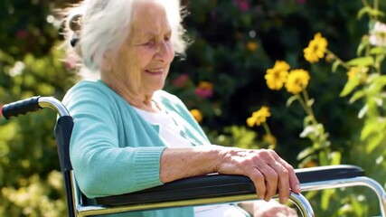 Hand, retirement and an elderly person in a wheelchair outdoor with a view of nature closeup to relax. Waiting, summer or park and a senior adult with a disability in a garden during the day