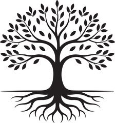 Obraz premium Black silhouette of a tree with leaves and roots, showcasing growth and nature's foundation.