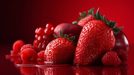Fresh strawberries and cranberries on red background for fruit nutrition product advertisement food photography concept