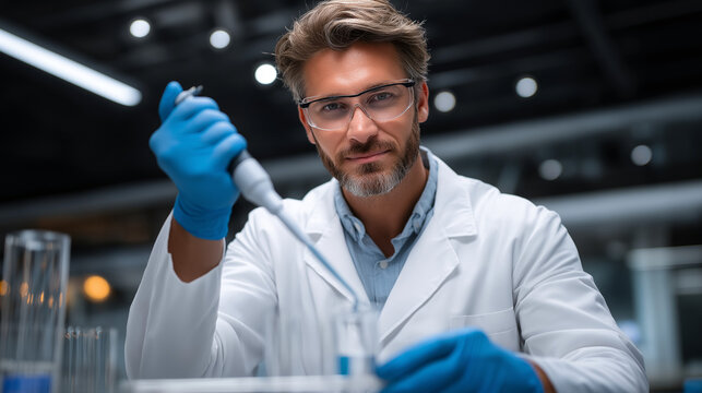 Scientist performing liquid pipetting into test tubes in lab