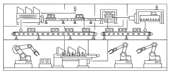 Automated Manufacturing Line: A Detailed Illustration of Industrial Robotics and Assembly Processes for Modern Production