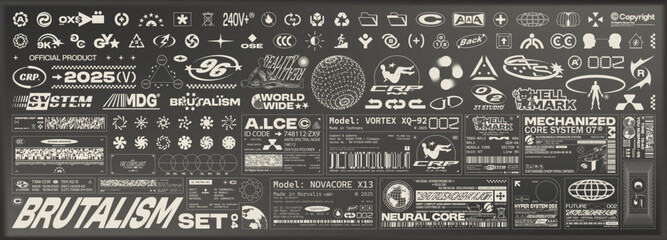 Fototapeta na wymiar Brutalism graphic pack. Fake logos, icons, tech labels and monochrome stickers in futuristic Y2K style. Cyberpunk visual elements for UI, posters, apparel and design projects. Vector set