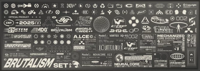 Selbstklebende Fototapeten Brutalism graphic pack. Fake logos, icons, tech labels and monochrome stickers in futuristic Y2K style. Cyberpunk visual elements for UI, posters, apparel and design projects. Vector set © BonkiStudio