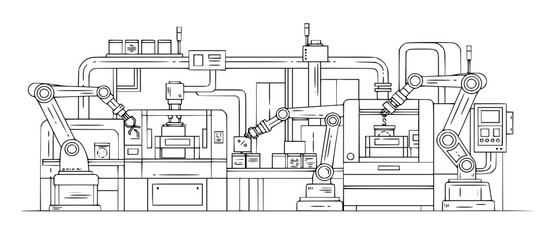 Detailed Line Illustration of an Automated Manufacturing System: Featuring Robotics and Advanced Machinery for Streamlined Production Processes