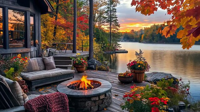 A cozy wooden deck by a tranquil lake in autumn, featuring a fire pit, comfortable seating, and vibrant fall foliage under a sunset sky.
