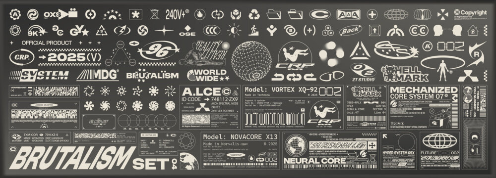 Brutalism graphic pack. Fake logos, icons, tech labels and monochrome stickers in futuristic Y2K style. Cyberpunk visual elements for UI, posters, apparel and design projects. Vector set