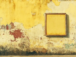Aged yellow wall with a framed empty space, showing texture and decay.