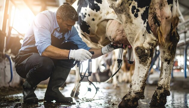 Dairy farmer attaching milking machine to cow udder in a barn with sunlight