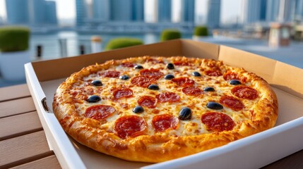 A pizza with olives and pepperoni sits in a cardboard box