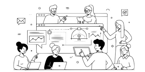 A dynamic illustration of a diverse team engaged in digital collaboration, analyzing data and sharing insights in a modern workspace environment