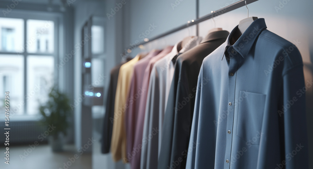 Poster shirts made with advanced nanofabric hang neatly in a sleek showroom. soft lighting highlights the u