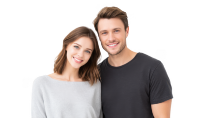A cheerful couple poses closely together. smiling warmly against a plain white background. conveying joy and connection. perfect for relationship-themed content or lifestyle promotions
