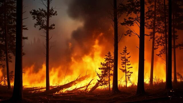 A Dramatic Forest Fire Consuming Trees and Brush in a Wild Landscape During Dusk, with Intense Flames and Smoke Filling the Air in a Rural Environment