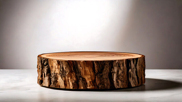 Rustic wooden slab display platform for product presentation and natural backgrounds