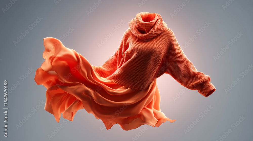 Poster soft orange fabric flows gracefully, hanging in mid-air against a smooth, neutral backdrop. the text