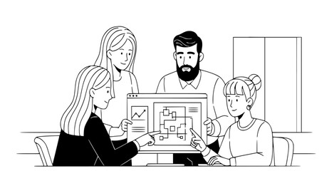 Collaborative Team Meeting: Diverse Professionals Analyzing Data Flowcharts and Engaging in Creative Discussion to Drive Innovative Solutions
