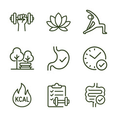 Healthy lifestyle symbols in an organized grid. Icon symbol illustration