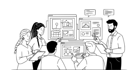 Diverse business team collaborates on data analysis project using computer screens.
