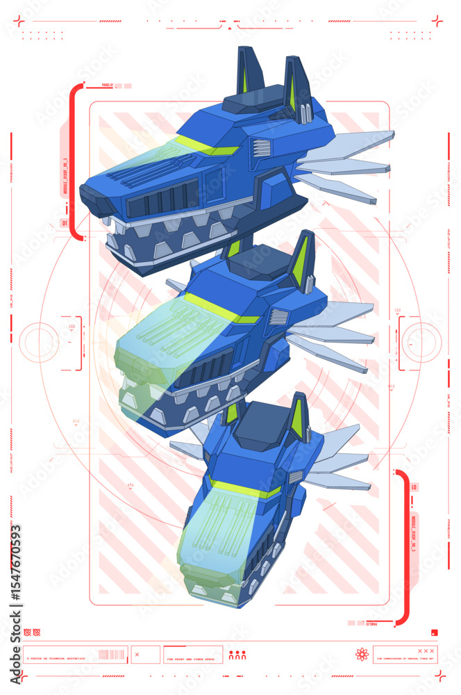 Poster futuristic robot head design with blueprint and technical overview