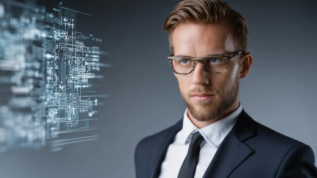 Introspective Vision: A discerning professional gazes intensely, embodying innovation, wearing glasses and a suit, with a futuristic circuit board visualized behind.