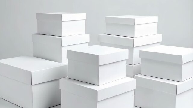 Stack of assorted sized blank white boxes on a white background, minimalist packaging design for retail, gifts, or storage solutions.