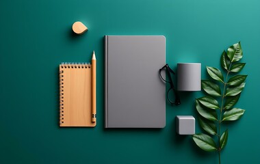 Flatlay of office supplies and greenery on teal