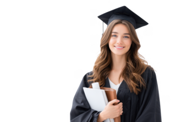 Young woman in graduation attire holding books and a diploma. smiling confidently against a bright white background. symbolizing achievement and future opportunities
