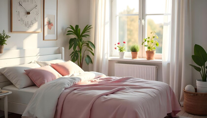 A cozy Scandinavian living room with minimalist furniture, light wood flooring, neutral color palette, soft textiles, natural light, and indoor plants. Clean lines, functional design, and a warm, invi