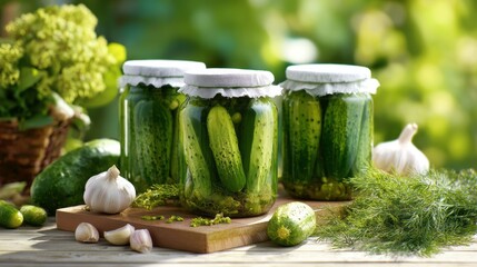 Three jars of pickles sit on a wooden table next to some garlic and cucumbers