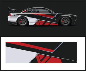 Sleek Race Car with Red White and Black Abstract Brush Stroke Livery