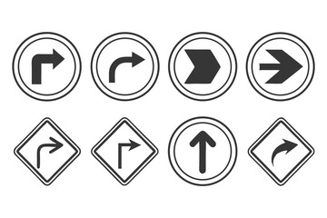 Set of Road Direction Traffic Signs Vector Icons – Red Triangle and Circle Warning and Mandatory Turn Arrows for Street and Highway Safety