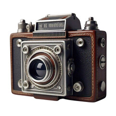 A close up shot of a vintage twin lens reflex camera with brown leather and silver details on black