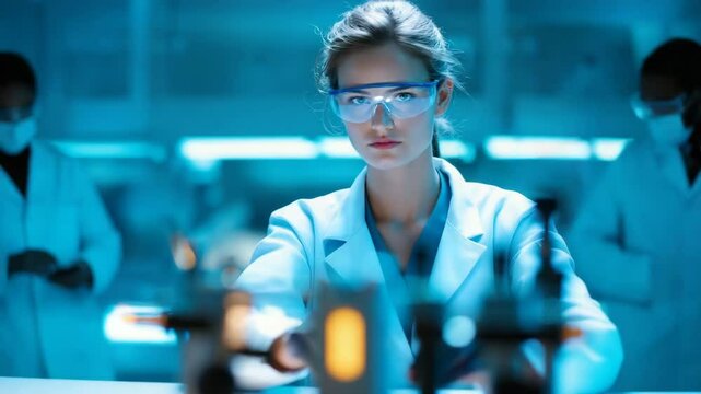 Female Scientist in Laboratory with Safety Glasses in Blue Lighting
