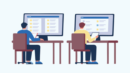 Two people working at desks with computers showing file folders and documents on screens at office