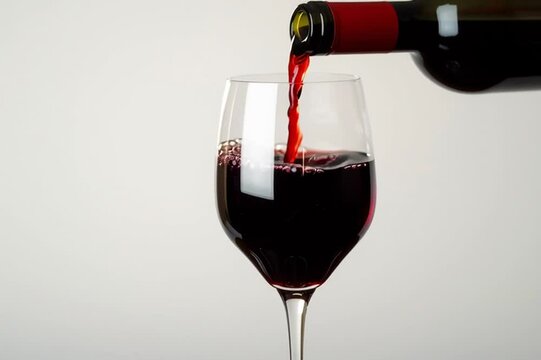 Filling a goblet with red wine. Pouring vin rouge into wineglass with camera zoom in the process. Stem glass. Still wine. Vintage