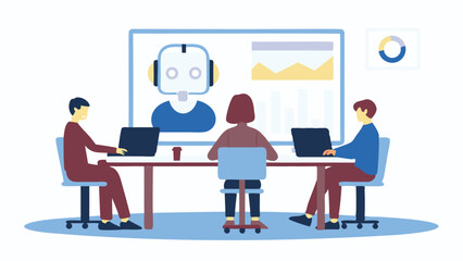 People at a table with laptops having a meeting with a robot on a screen and charts displayed online