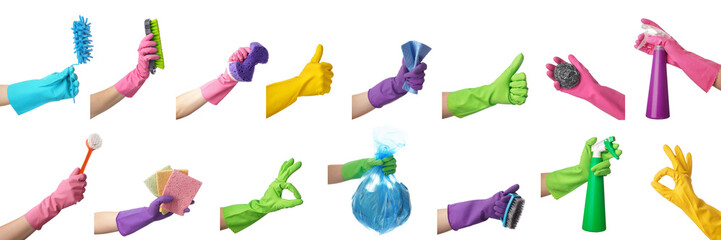 Set of hands with cleaning supplies on white background