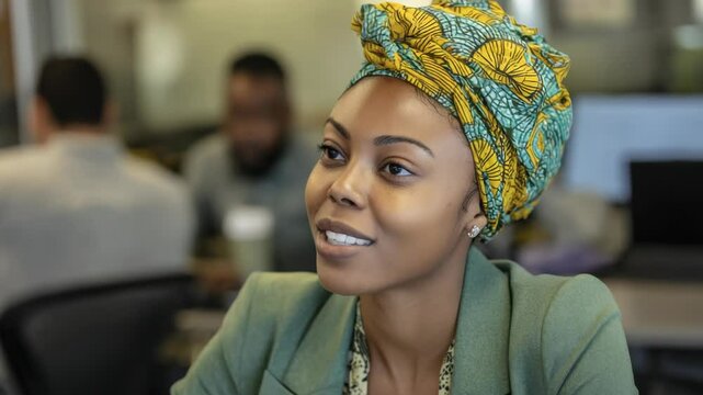 Professional Woman Smiling in Office Meeting Setting with Colleagues in Background