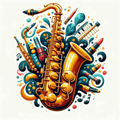 Naklejka premium Vibrant graphic design featuring a saxophone surrounded by musical notes and other decorative objects in a colorful and abstract composition.