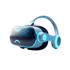 A futuristic vr headset with blue accents and headphones against a black background is displayed