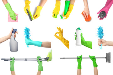Set of many hands with cleaning supplies on white background