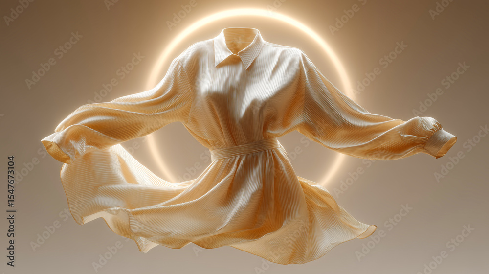 Poster Soft fabric flows gracefully in mid-air, illuminated by a warm glow. The texture and drapery create a sense of movement, drawing attention to the intricate design and style of the garment.